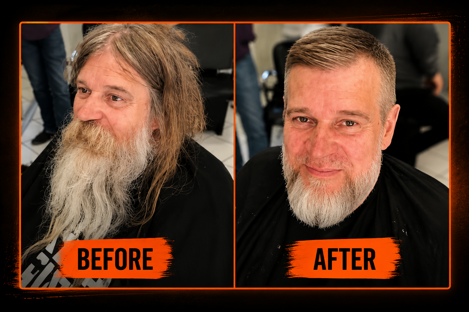 Before and after hair transformation of a client experiencing homelessness