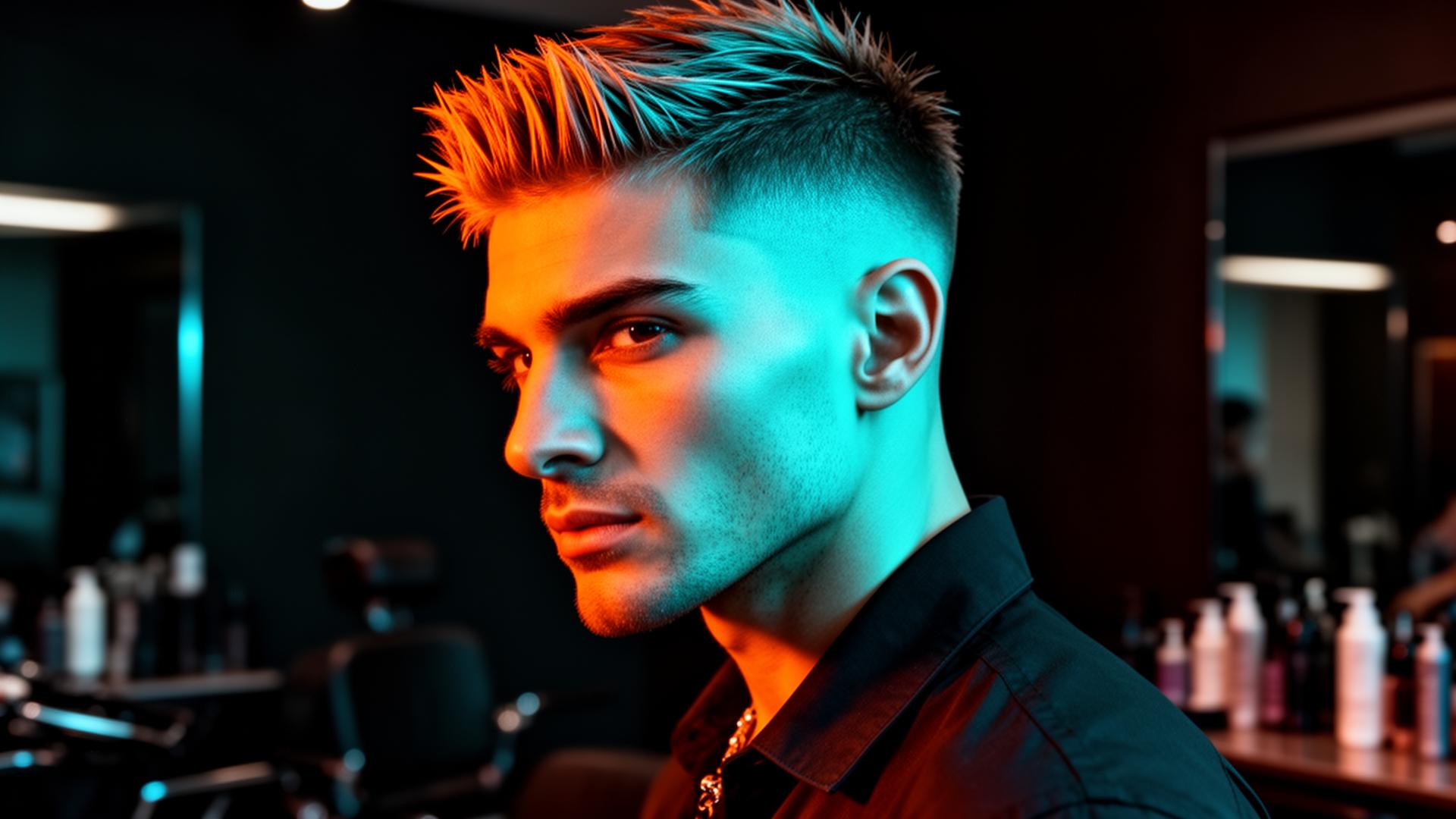 Editorial portrait of a man with sharp modern haircut under orange and cyan lighting