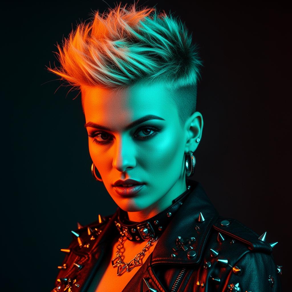 Editorial portrait of a woman with avant-garde haircut under orange and cyan lighting